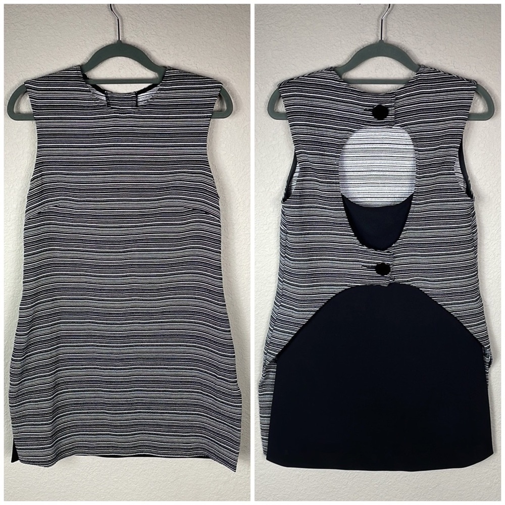 Veronika Maine Black White Noir Stripe Overlay Dress Open Cut Out Back US 6